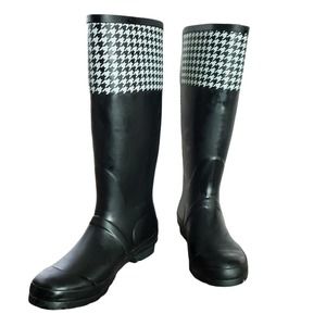 London Fog Black Rainboots Tall  Checkered Trim Rubber Waterproof Size 9